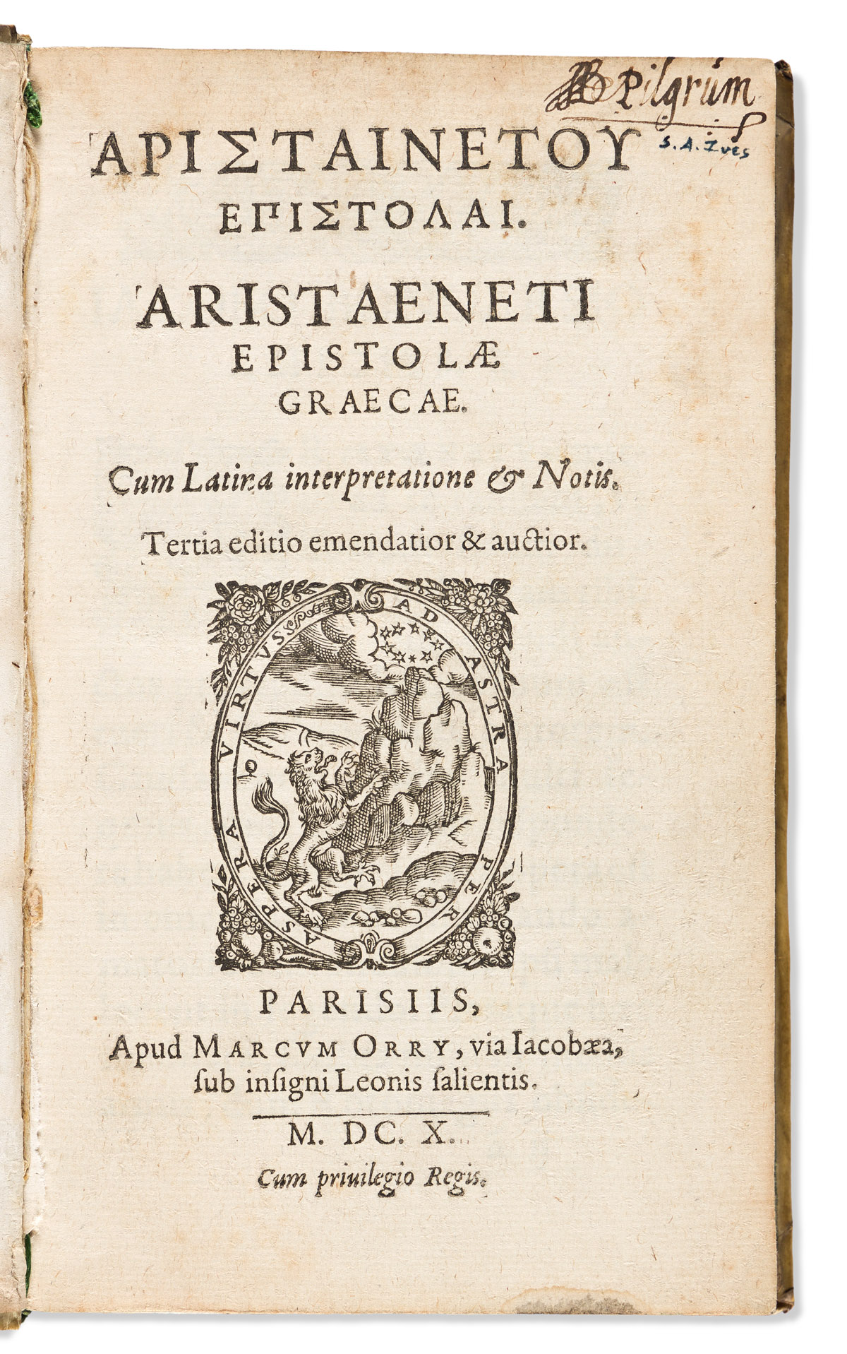 Aristaenetus (fl. circa 5th or 6th CE) Epistolae Graecae. Cum Latina Interpretatione & Notis. Tertia Editio Emendatior & Auctior.